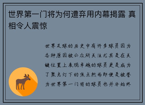世界第一门将为何遭弃用内幕揭露 真相令人震惊