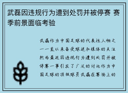 武磊因违规行为遭到处罚并被停赛 赛季前景面临考验