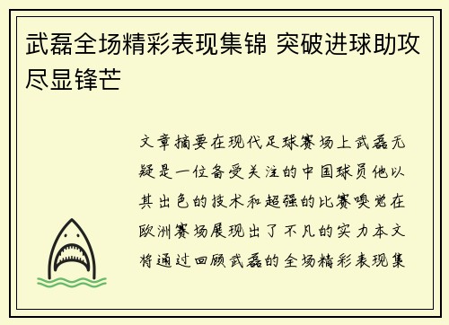武磊全场精彩表现集锦 突破进球助攻尽显锋芒