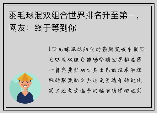 羽毛球混双组合世界排名升至第一，网友：终于等到你
